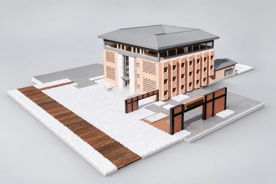 WisdomScape campus building model, with an AI-assisted presentation cover