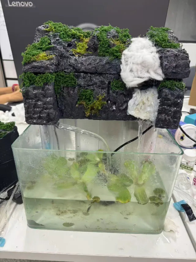 AquaClaw 原型实物：假山造景与鱼缸一体布置