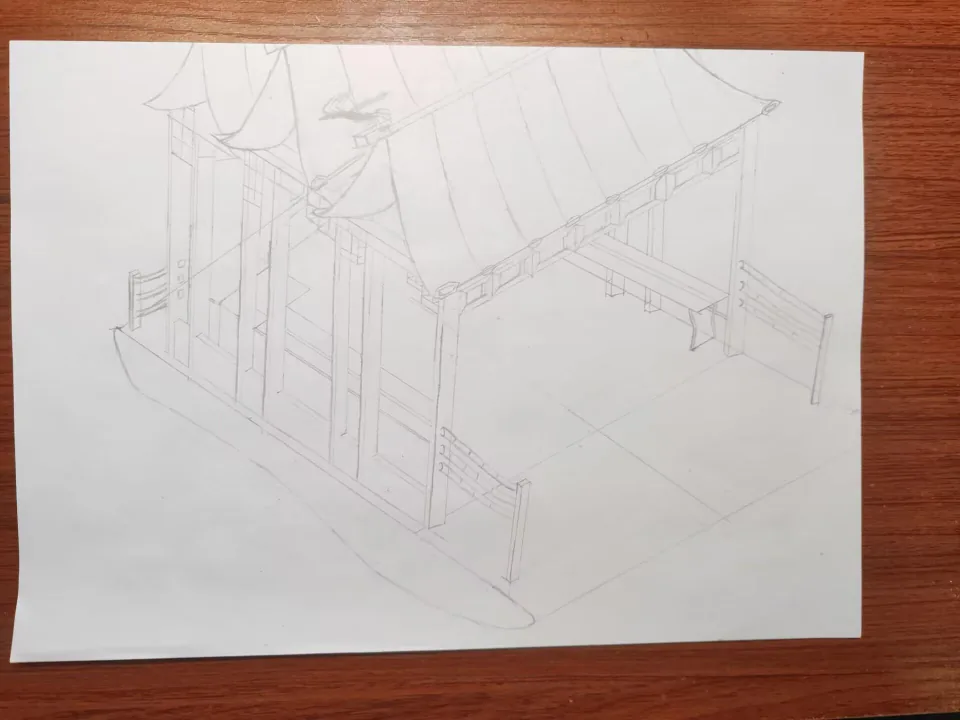 从纸面草图确定船体与中式屋顶的造型。